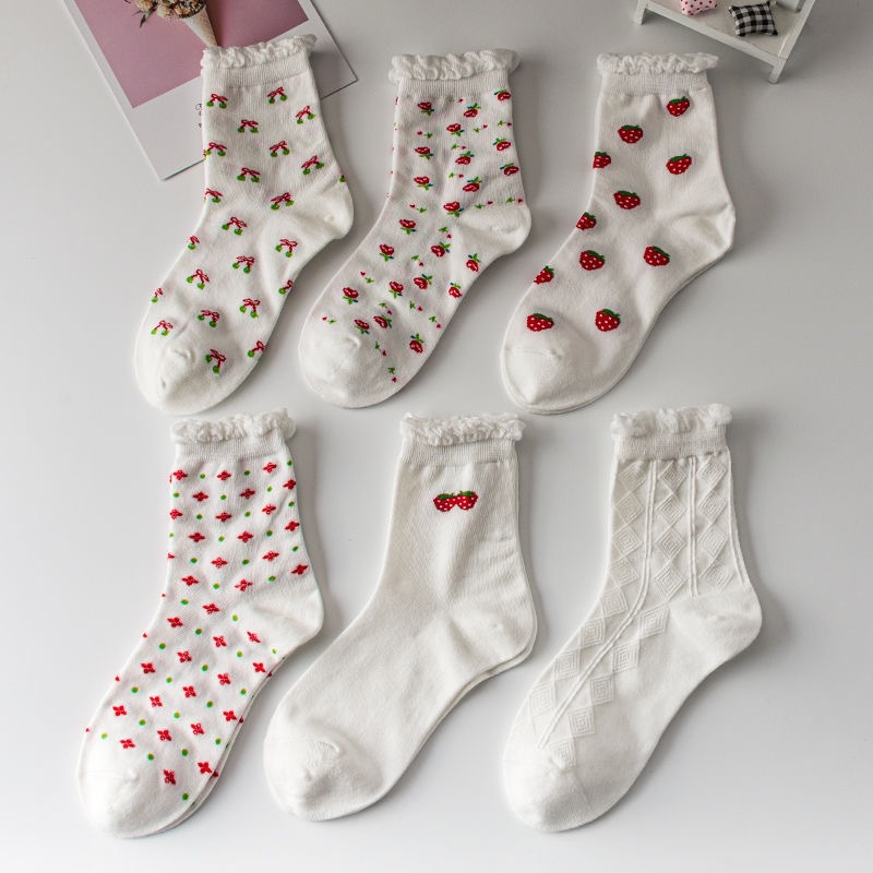 Picture of White Bubble Socks for Women, Mid-Calf Lolita Lace Long Socks, Student Socks, Strawberry Casual Versatile Socks