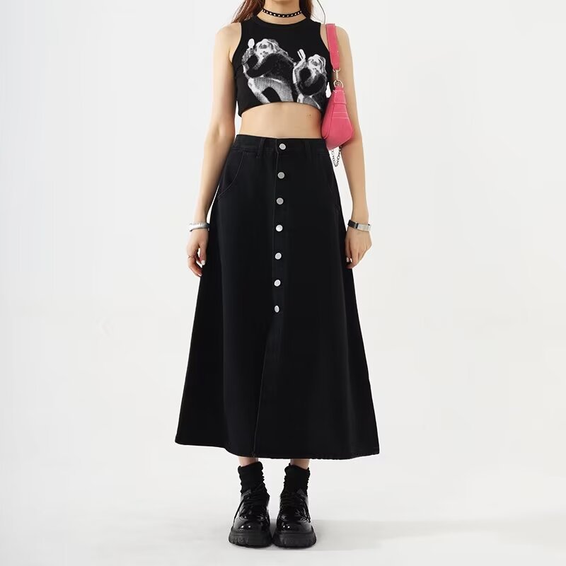 Women's Hip-Covering Denim Skirt Summer 2024 New Slim-Looking Flesh-Covering High Waist Buckle A- Shape Mid-Length Skirt Ins Trendy
