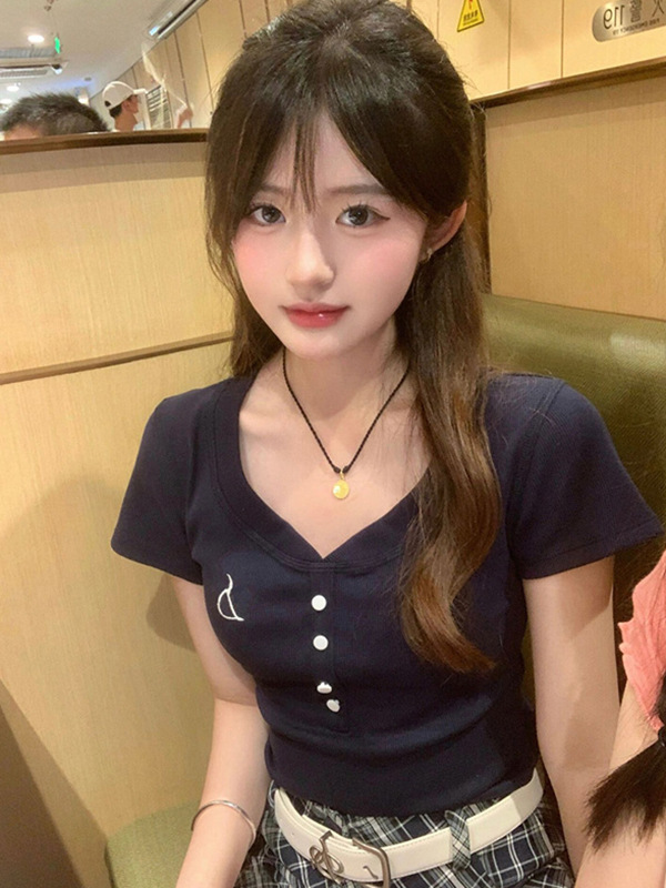 Hot Girls Slim-fit Slimming All-match Elegant navy blue Slim-fit V-neck Short-sleeve T-shirt Women's 2024 Summer Button Short Top