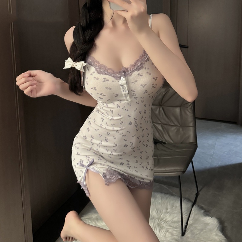 Sweet and spicy sexy lingerie sexy pure floral dress with chest pad strap backless pajamas fairy hip skirt