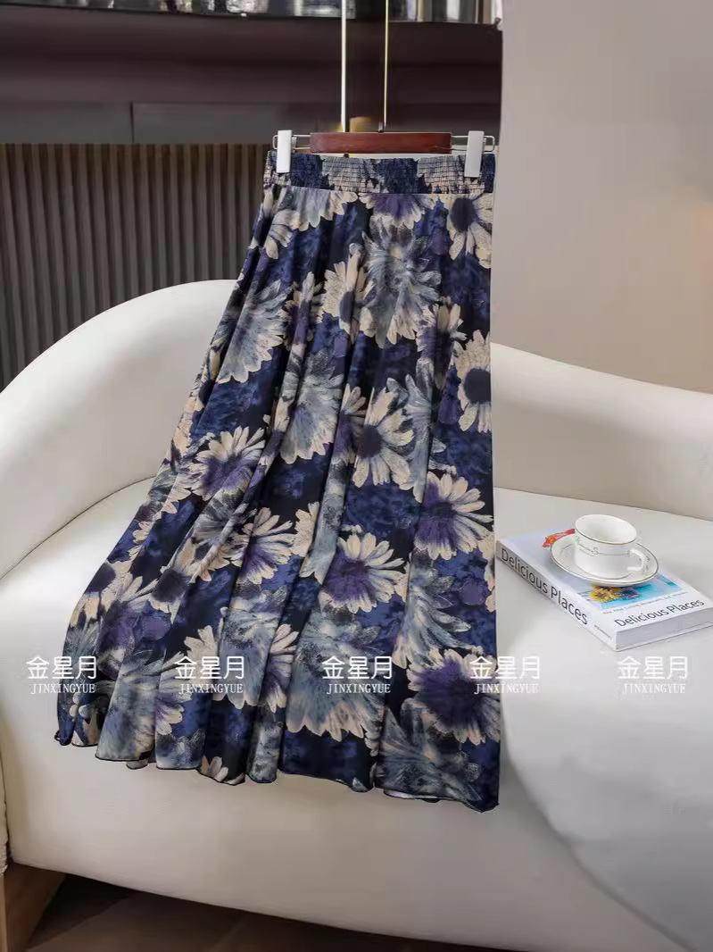 Middle-Aged and Elderly Women's Single-Layer Opaque Ice and Snow Silk Skirt 72cm Over-The-Knee Slimming Look Mid-Length Mother's Long Skirt