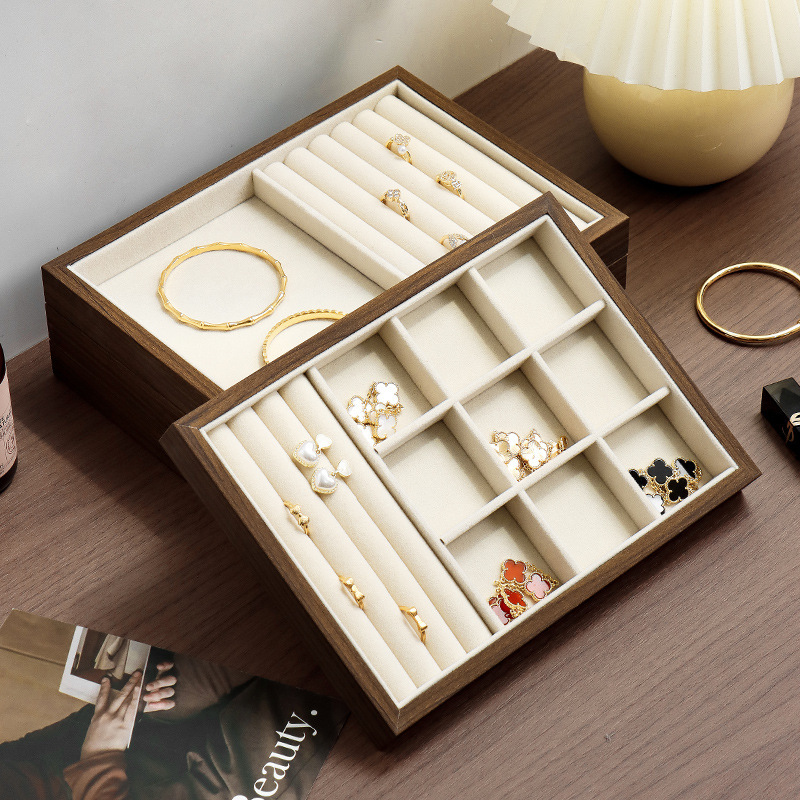 Walnut Jewelry Tray, High-End Jewelry Multi-Grids Ring, Earrings, Necklace Storage Display Tray, Live Broadcast Night Market Placement