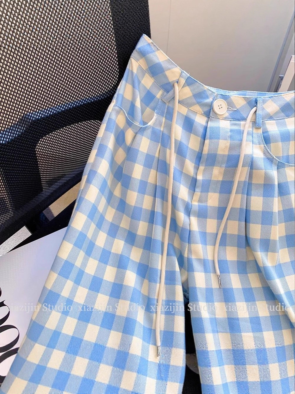 Picture of 2025 new blue plaid slacks, summer and spring thin women's loose wide-leg pants, high-waisted drape Yamamoto pants