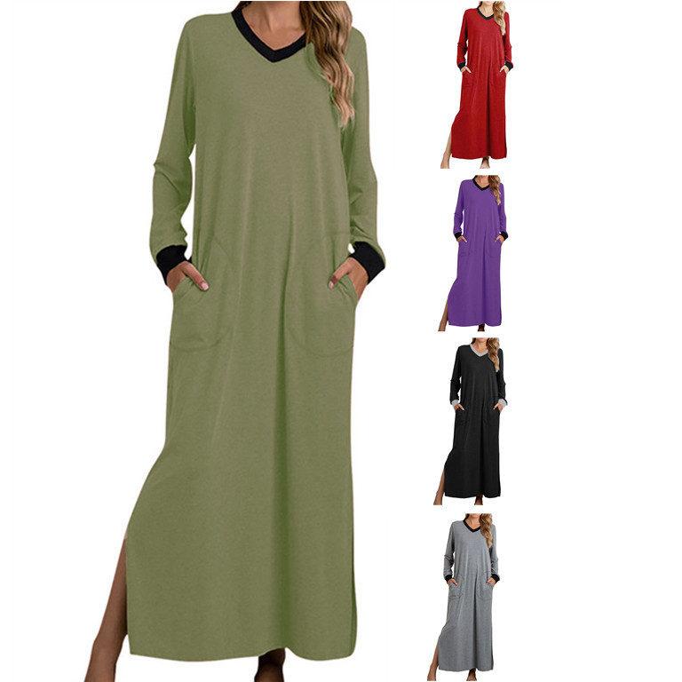 2023 Amazon Women's V-Neck Long dress Contrast Color Pocket Pullover Long Sleeve Solid Color Long Dress Pajamas Home