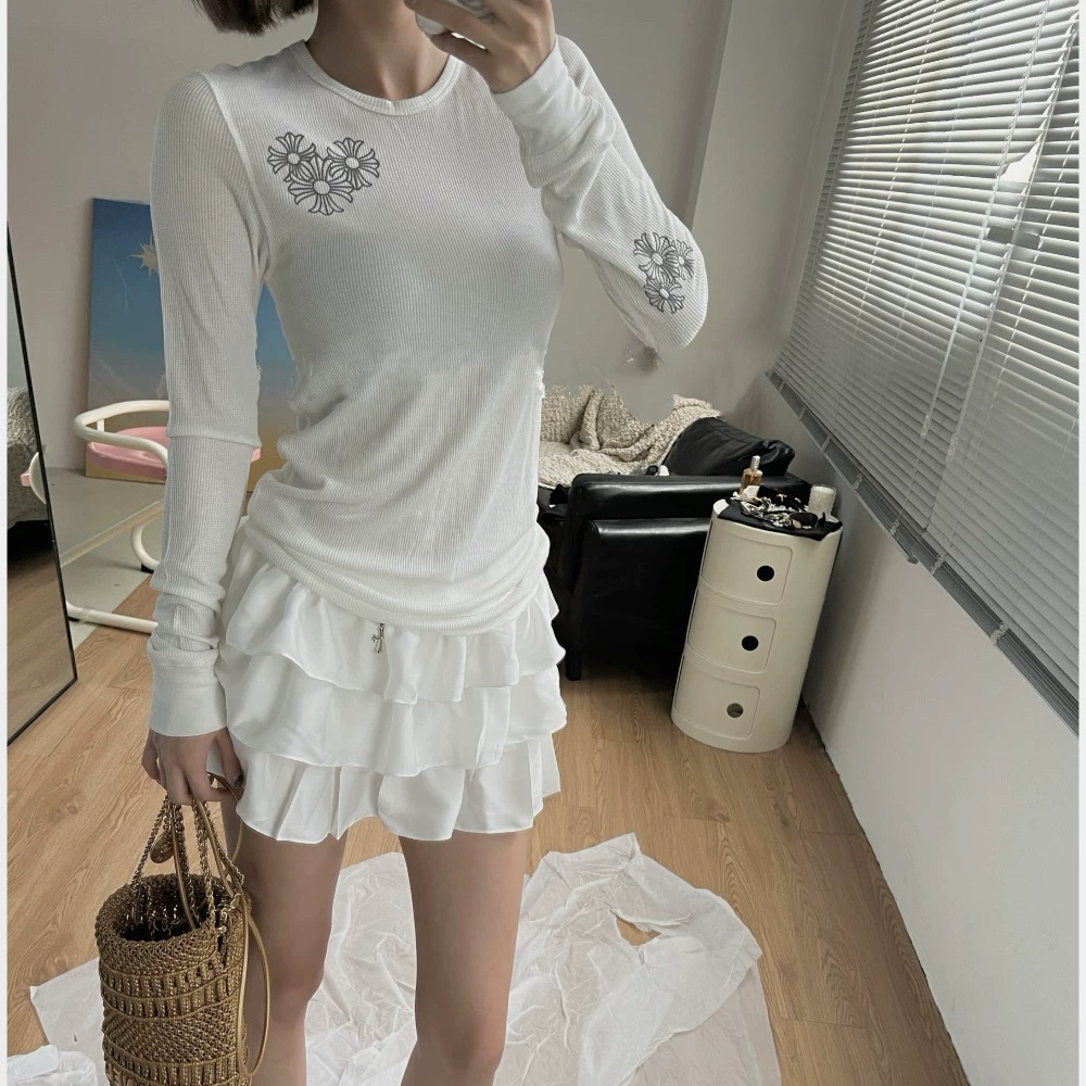 Sanskrit Letter Cross Long-Sleeved T-Shirt for Women Early Spring New Classic Versatile Fashion Niche Top Trendy