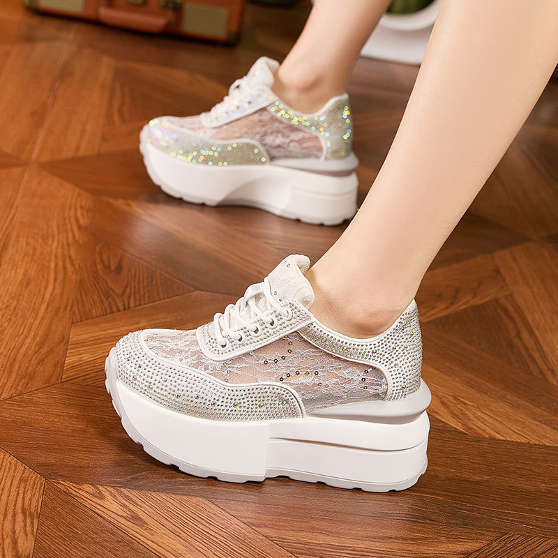 Thick-Soled White Shoes for Women 2025 Summer New Style Rhinestone Cut Out Mesh Sandals with Increased Height and Versatile Forrest Gump Casual Shoes