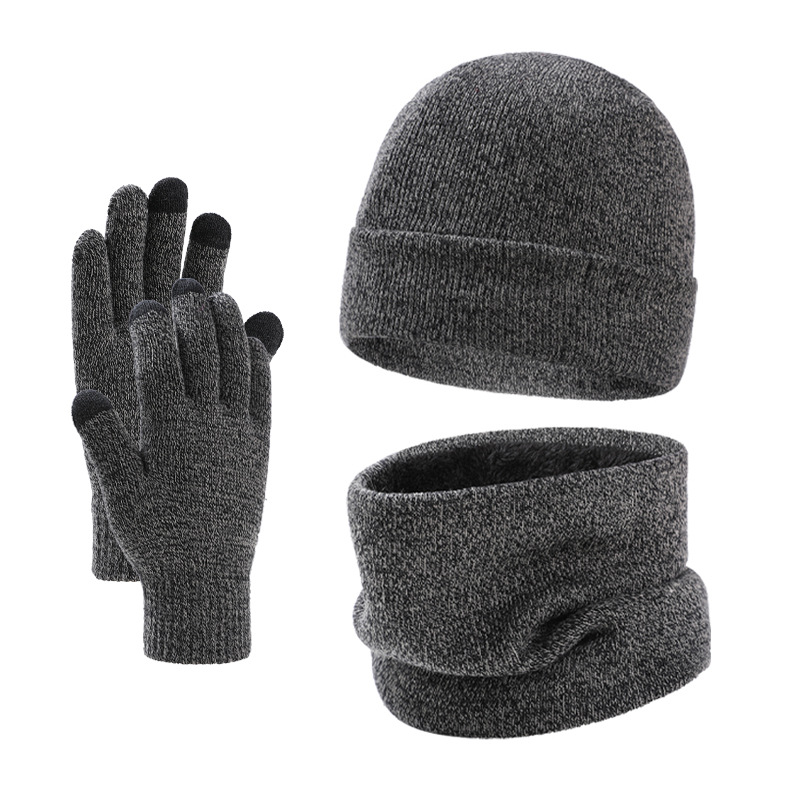 European and American winter hat scarf gloves three-piece men's knitted hat fleece-lined winter wool hat scarf Amazon