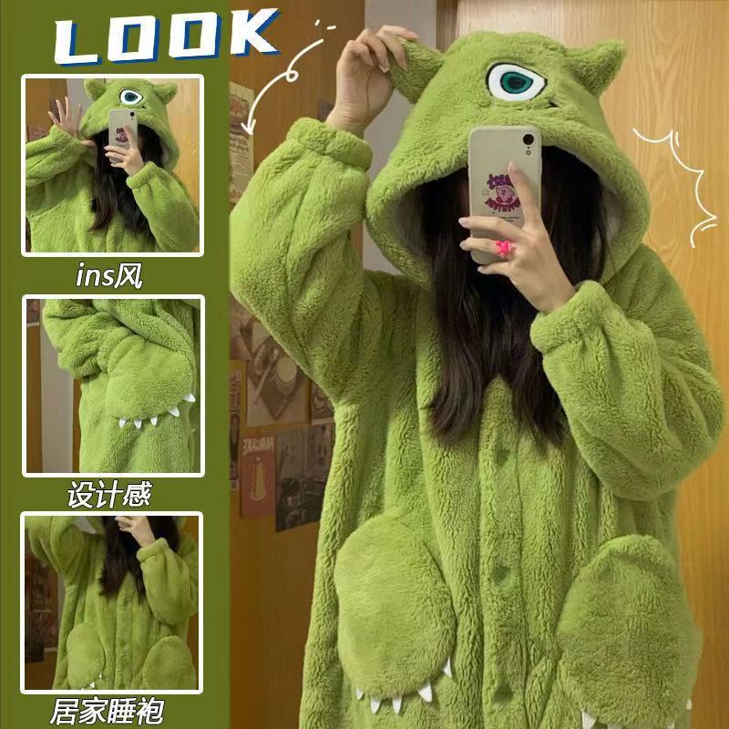 Cartoon Big-eyed Nightgown Pajamas Coral Fleece Autumn and Winter Hooded Cute Loose Long Couple