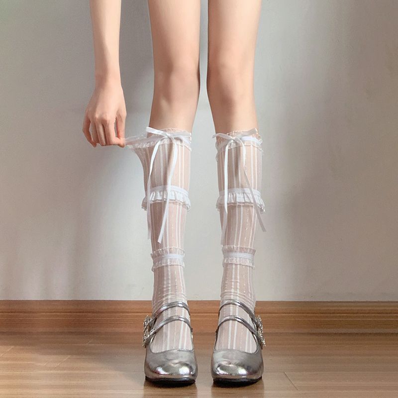 Ribbon bow Lolita socks summer thin lace white calf socks women's ballet wind tube socks