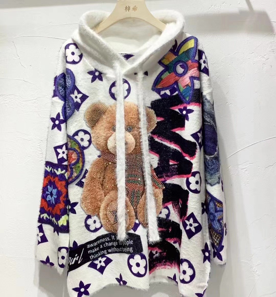 European Station Loose plus size Hot Drilling Bear Hooded Mink Velvet Sweater Women's Autumn and Winter Long Sleeve Sweater
