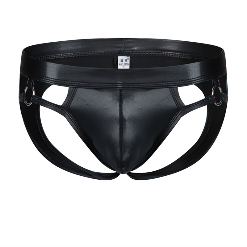 Spot Cross-Border Men's Sexy Underwear Imitation Patent Leather U Convex Bag Ring Motorcycle Sports and Leisure Empty Back Briefs