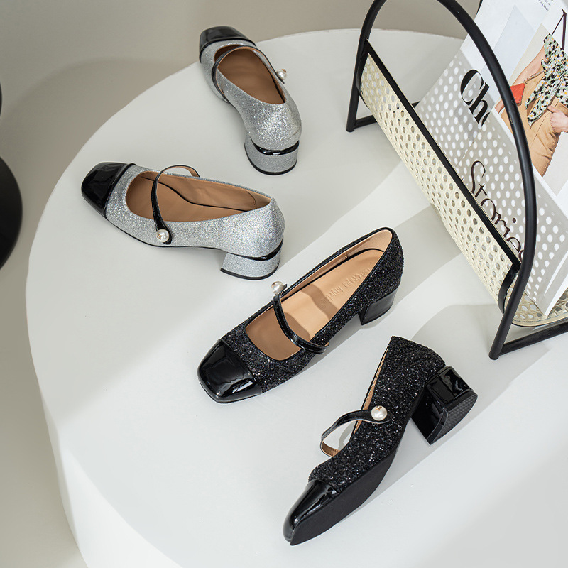 Grape Mom's New Sparkling Sequins in Autumn Banquet Small Fragrant Style Square Head with Thick Heel Mary Jane Single Shoes for Women