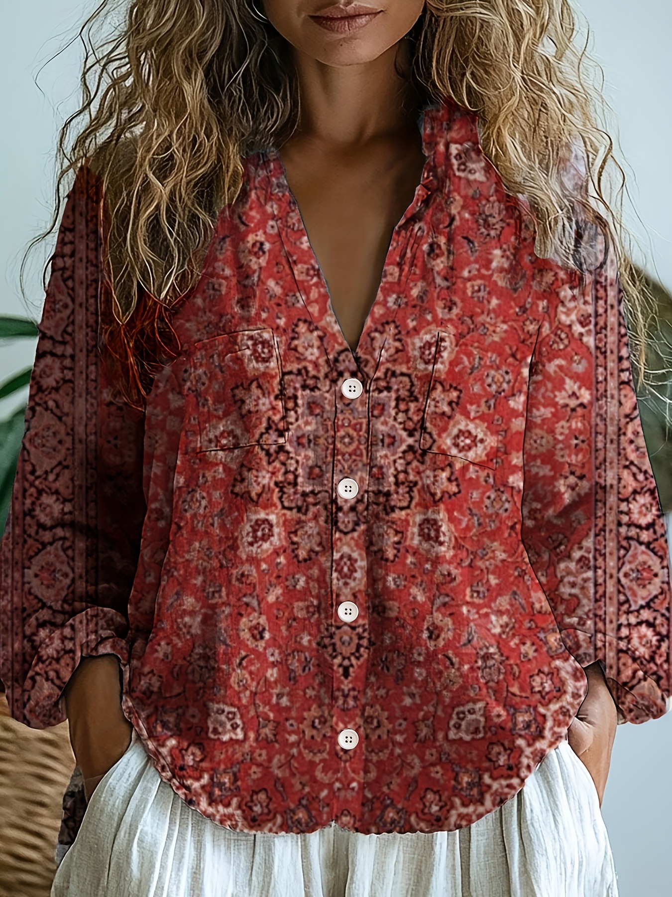 Picture of Spot Cross-Border Women's Casual Work Clothing Shirt Western Ethnic Style Geometric Print Long-Sleeved Women's Shirt