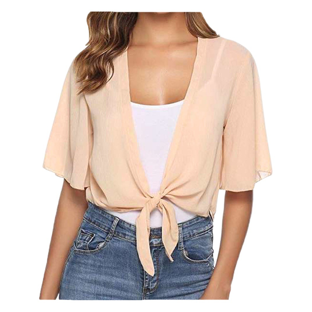 2023 New Women's Spring and Summer Chiffon Cardigan Cross-Border Women's Pure Color Short-Sleeved Chiffon Shirt Women's Casual Top