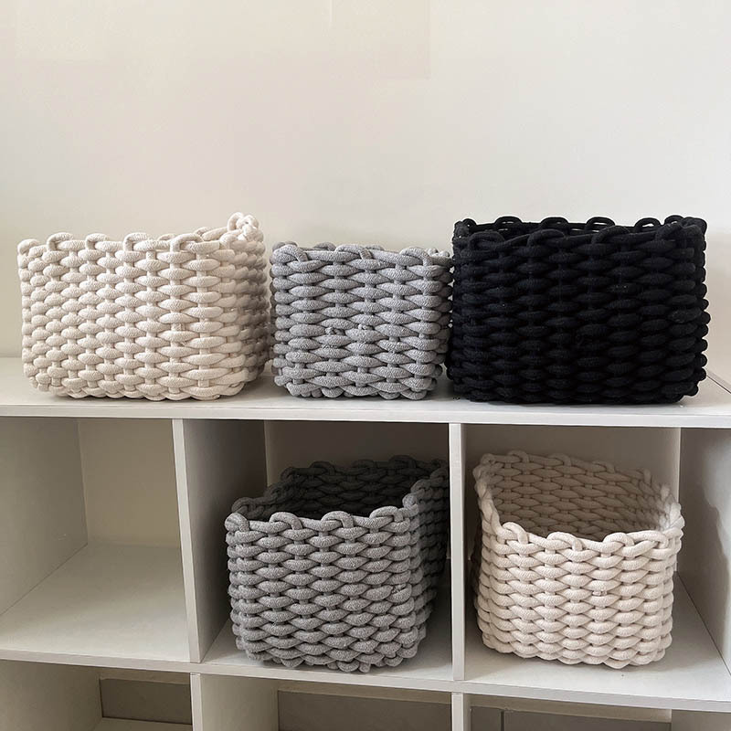 Cotton Rope Woven Storage Basket Simple Handmade Storage Box Mask Basket Desktop Storage Basket Retro Coarse Rope Miscellaneous Basket