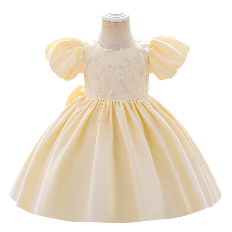 Girls' Wash Dress Children's Bubble Sleeve Satin Dress Big Butterfly Flower Children's Puff Dress Wedding Party Dress Princess Dress
