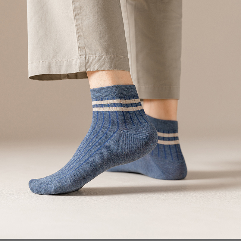 Picture of Men's Socks Spring and Summer Two-Bar Boat Socks Men's Casual College Style Short Socks Stripped Breathable Shallow Mouth Cotton Socks Sweat-Absorbing Socks for Men