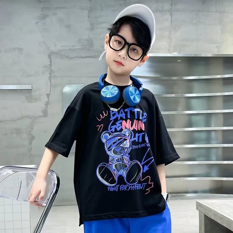 Boys' Fried Street T-shirt Summer 2023 Children's Fashionable Printed Cartoon New Children's Wear Short-sleeved T-shirt Pure Cotton Summer