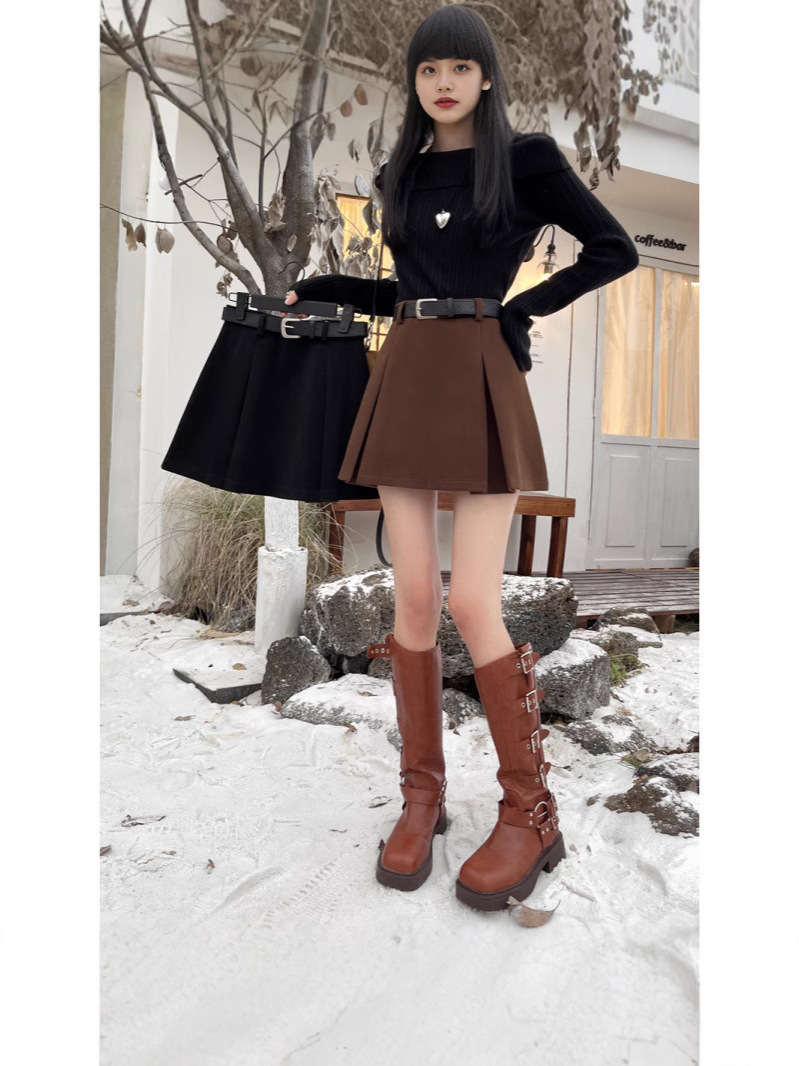 2024 Autumn and Winter New British-style Woolen Thickened A- line Pleated Skirt High Waist Slimming Skirt Casual Short Skirt