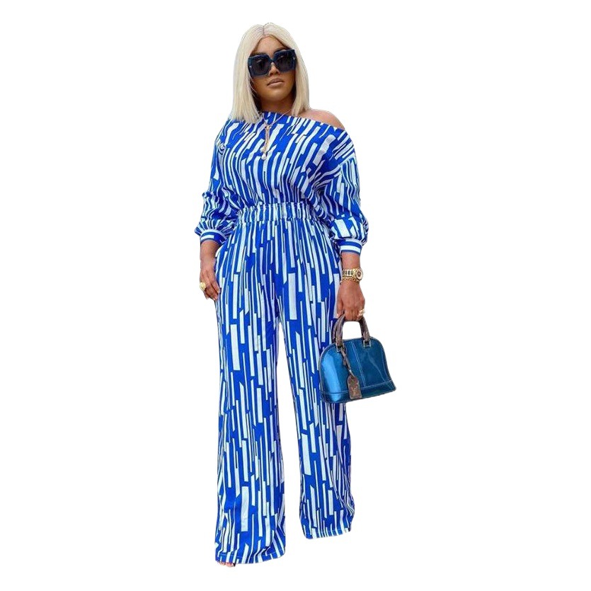 Explosions wish Europe and America 200 Jin plus size Women's Stripe Printed Oblique Long Sleeve Shoulder Loose Fashion Leisure suit Women