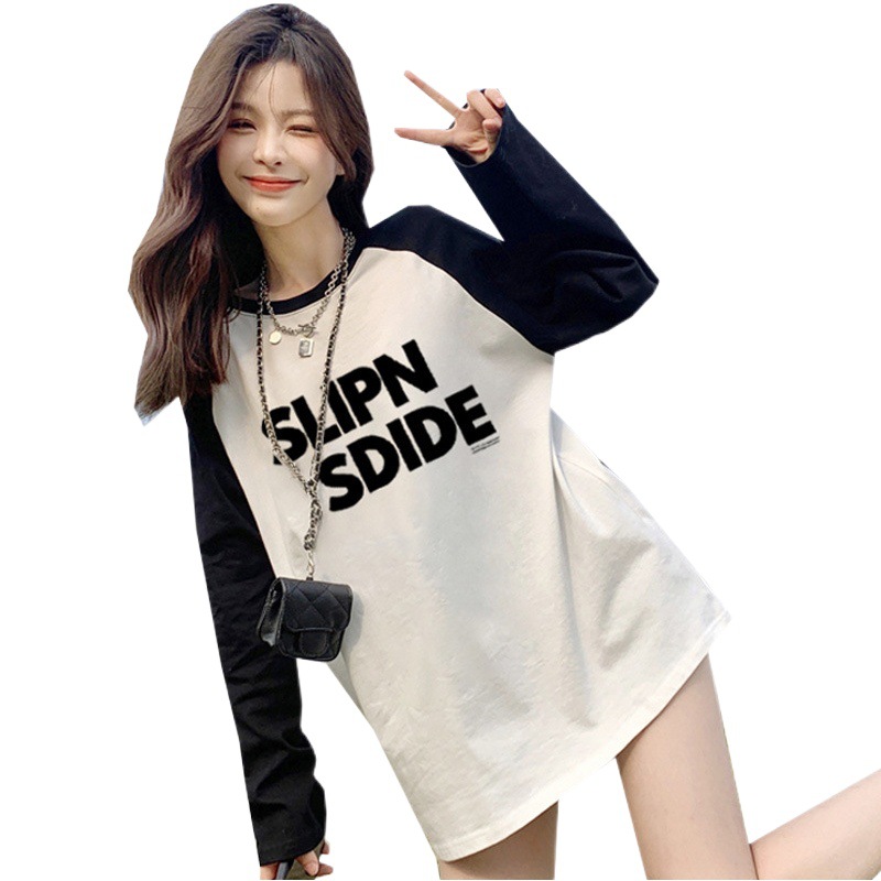 200g pure cotton 2023 new women's top loose fashionable western style contrast color all-match long-sleeved T-shirt bottoming shirt for women