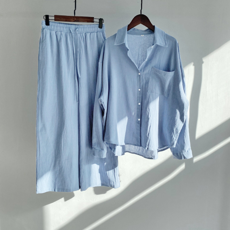 Picture of Cross-border Amazon Women's 2-piece Vintage Plus Size 2022 Cotton and Linen Shirt Set High Waist Loose Trousers