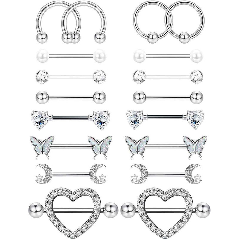 New stainless steel zircon love breast nail Amazon Fashion Diamond-embedded breast ring suit body piercing breast jewelry