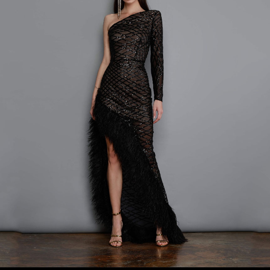 Picture of 2025 Cross-Border Spring and Summer New European and American Clothing Pure Color Sleeveless Asymmetrical Slope Collar Elegant Mesh Evening Dress Long Skirt