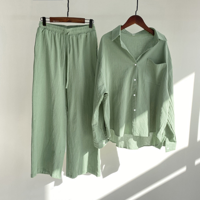 Picture of Cross-border Amazon Women's 2-piece Vintage Plus Size 2022 Cotton and Linen Shirt Set High Waist Loose Trousers