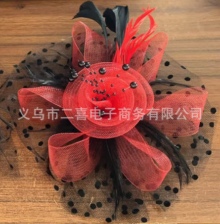 Picture of European and American Popular Amazon Feather Headdress Bridal Hair Accessories Mesh Top Hat Jockey Club Hair Accessories Hairpin Headband
