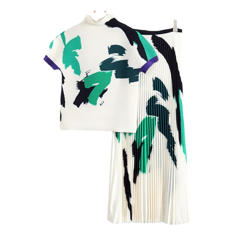 Amazon Cross-border Women's Pleated Dazzle Short-sleeved Top High Waist Skirt Miyake Spring/Summer 2023 suit Women