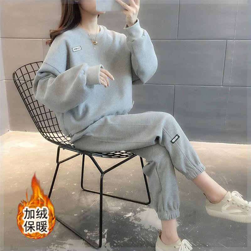 409# fleece-lined Thickened Internet Celebrity Leisure Sportswear suit Women's Autumn and Winter New Fashion Loose Wear Two-Piece Set