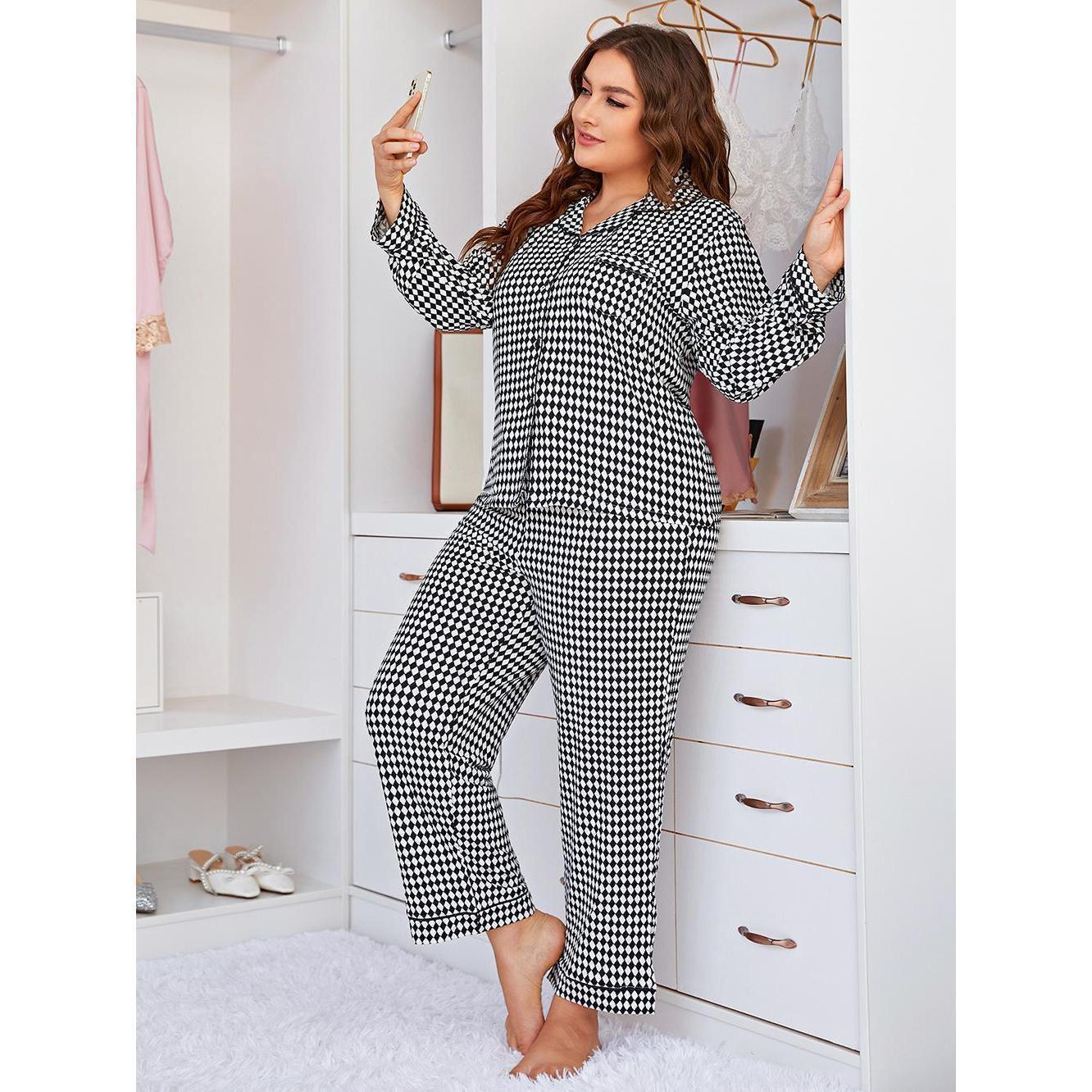 Amazon European and American Foreign Trade Large Size Pajamas Women's Chubby mm Plaid Long Sleeve Trousers Autumn and Winter Home Suit Cross Border