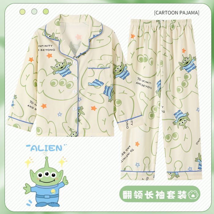 Picture of Children's Pajamas Spring and Autumn Cute Cartoon Boys and Girls Lapel Cardigan Long Sleeve Trousers Children's Home Clothes