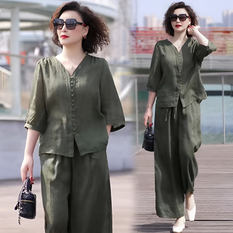 Middle-aged and Elderly Fashion Cotton Linen suit Summer New Arrival Five-Sleeve Elegant Age-reducing Top Casual Wide-leg Pants Two-piece Set