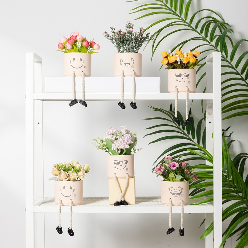 Picture of Creative Expression Hanging Feet Doll Ceramic Flower Pot Artificial Flower Potted Plant Green Plant Indoor Balcony Desktop Decoration Crafts