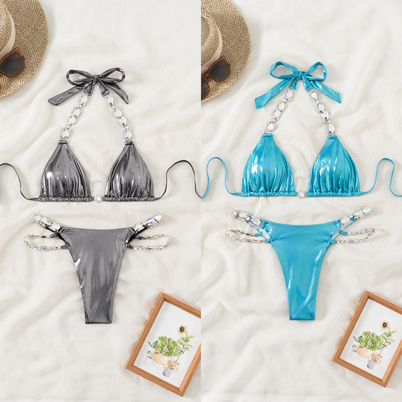 2024 First Sight New Bikini Swimsuit European and American Cross-Border Solid Color with Diamonds Amazon Aliexpress Split Swimsuit