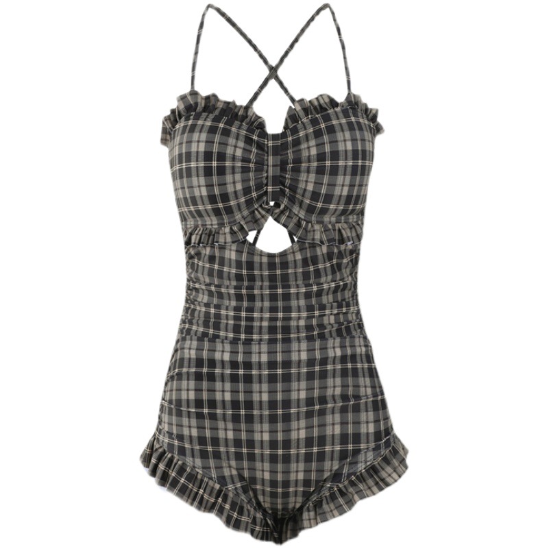 Women's one-piece swimsuit plaid new sexy fashion backless small breasts gathered to cover belly slim hip student hot spring