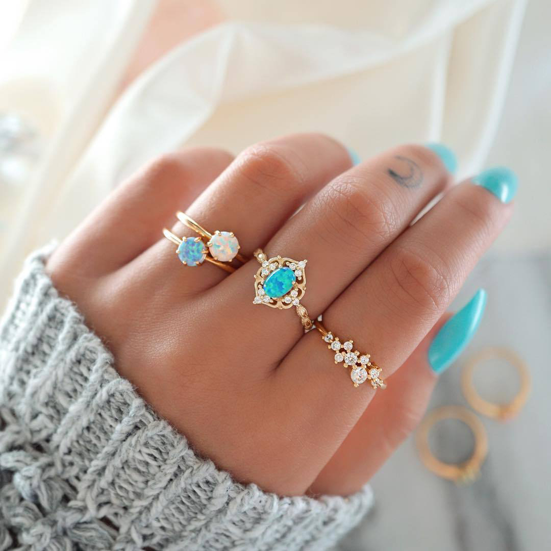 New European and American Color Imitation Opal Diamond Ring Colorful Candy Color 4-piece Finger Ring Set Jewelry
