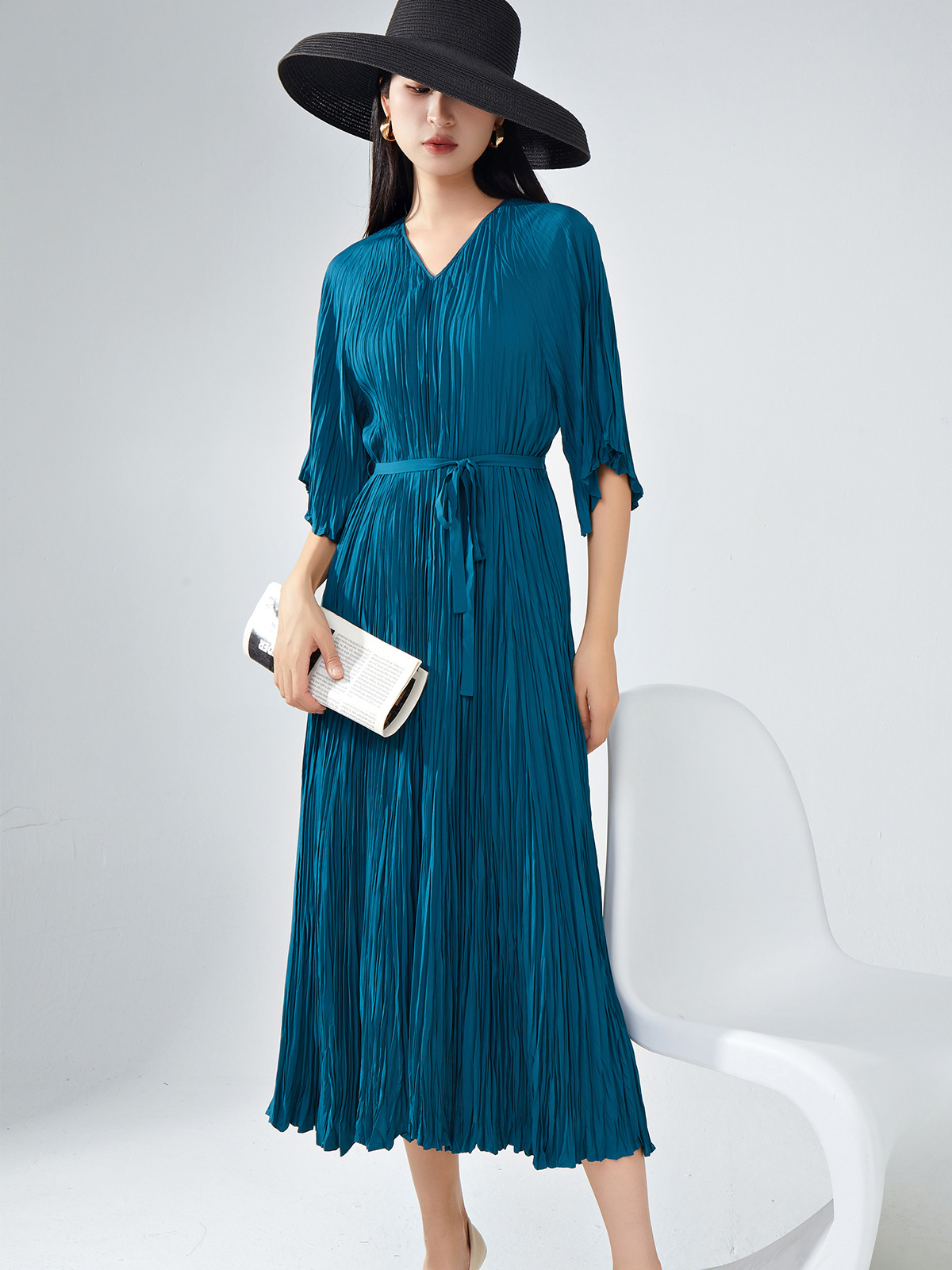Summer Dress for Women, High-End, Lightweight, Breathable, Lace-Up, Loose, Flesh-Covering, Slimming, Five-Quarter Sleeves, Versatile Skirt