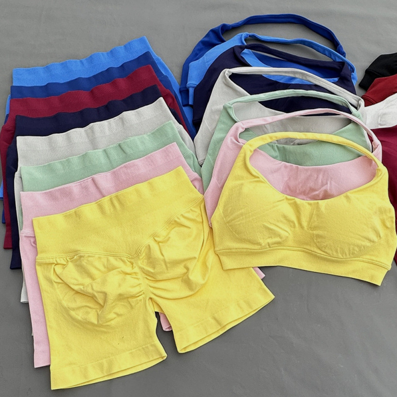 Df Series Seamless Yoga Halter Top High Elastic Hip-Showing Yoga Pants Fitness Shorts Suspender Sports Bra Set
