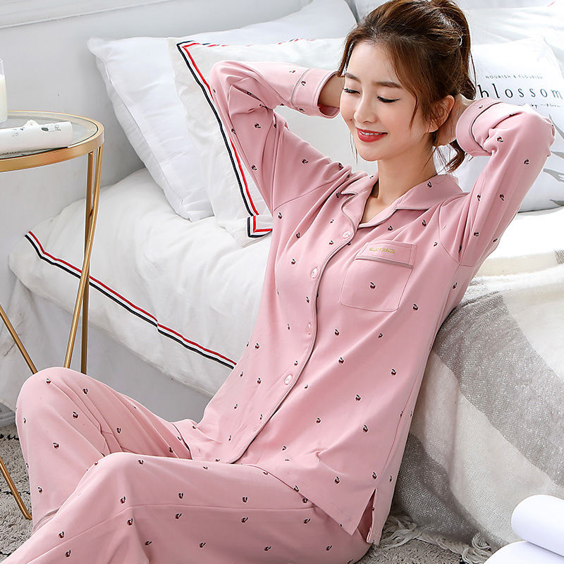 Picture of 100% Pure Cotton Pajamas Women's Long Sleeve Women's Spring and Autumn Cardigan Lapel Pajamas Outwear Winter Home Suit