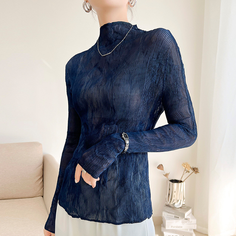 Picture of Miyake Ultra-thin Perspective Top Base Shirt Women's Spring and Summer Long-sleeved Sunscreen Western Style All-match Pleated Top Inner Shirt
