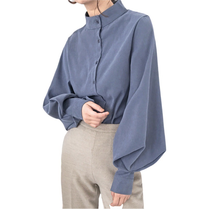 831 Cross-In Supply 2025 New Hong Kong Style Retro Stand-Up Collar Single-Breasted Elegant Lantern Sleeve Casual Shirt