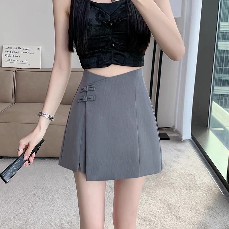 Picture of Grey A- line Short Skirt Women's Spring and Summer New Chinese Style Irregular Buckle Skirt Small Split Suit Culottes