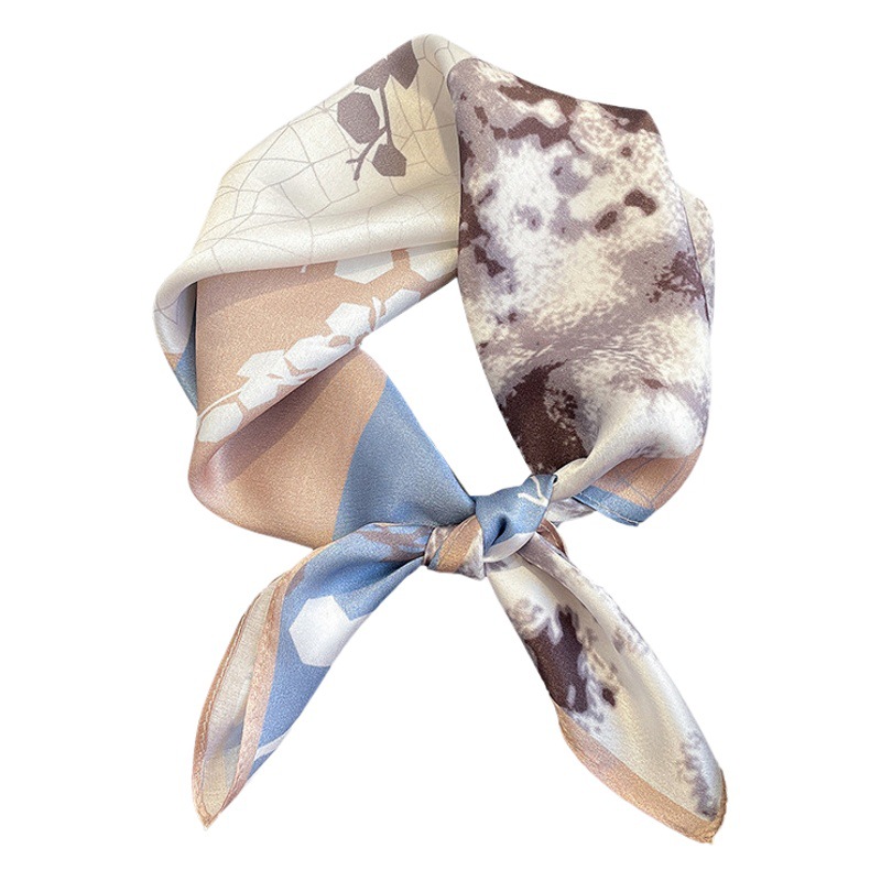 Spring South Korea small scarf versatile decorative geometric stitching silk scarf women's hair band New mulberry silk scarf