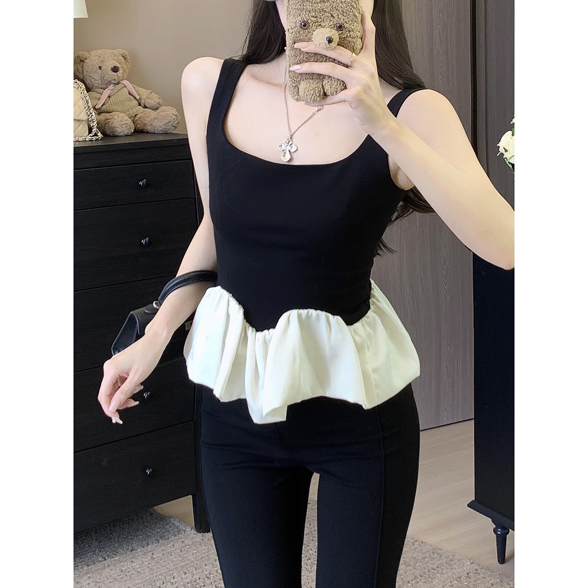 Camisole Female Spice Girl 2025 Summer New Ballet Style Stitching Ruffled Sleeveless Knitted Fan Outside Your Top