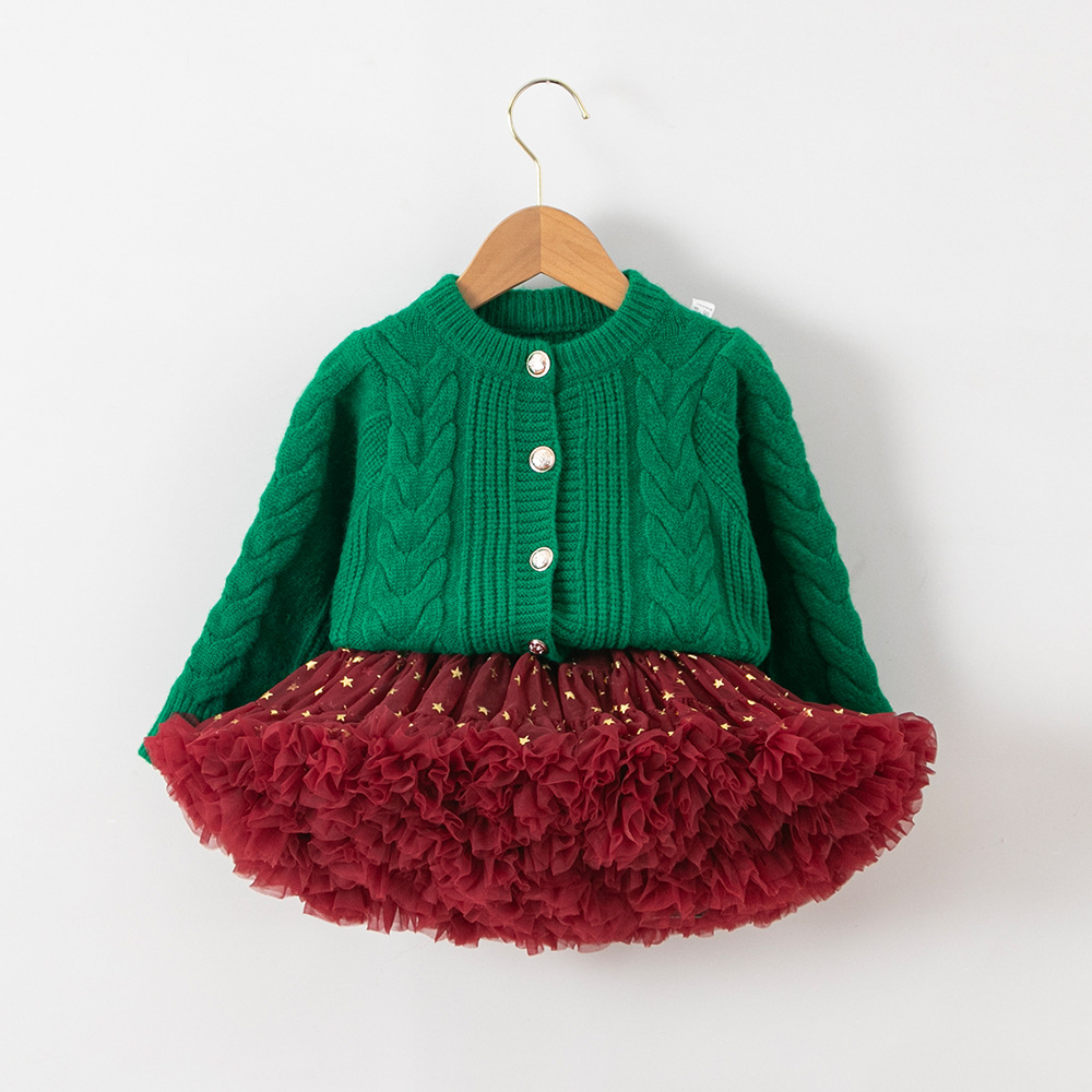 Christmas Sweater with Green Star Tutu Skirt Suit Christmas Green Knitted Cardigan Jacket Girls Skirt