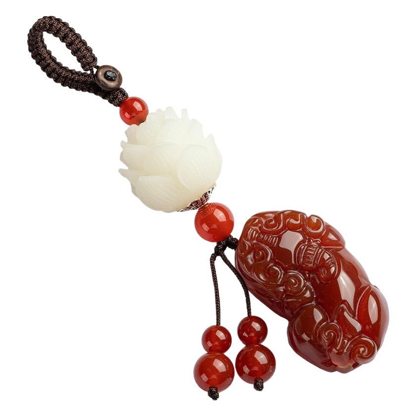 Natural Chalcedony Keychain Agate Jade Pixiu Car Key Pendant Bodhi Root Lotus Key Pendant