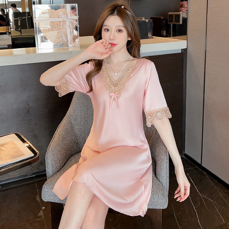 2025 New Silk Pajamas Spring and Summer Thin Sexy Sweet Lace Embroidered Short Sleeve Dress Nightgown Home Clothes